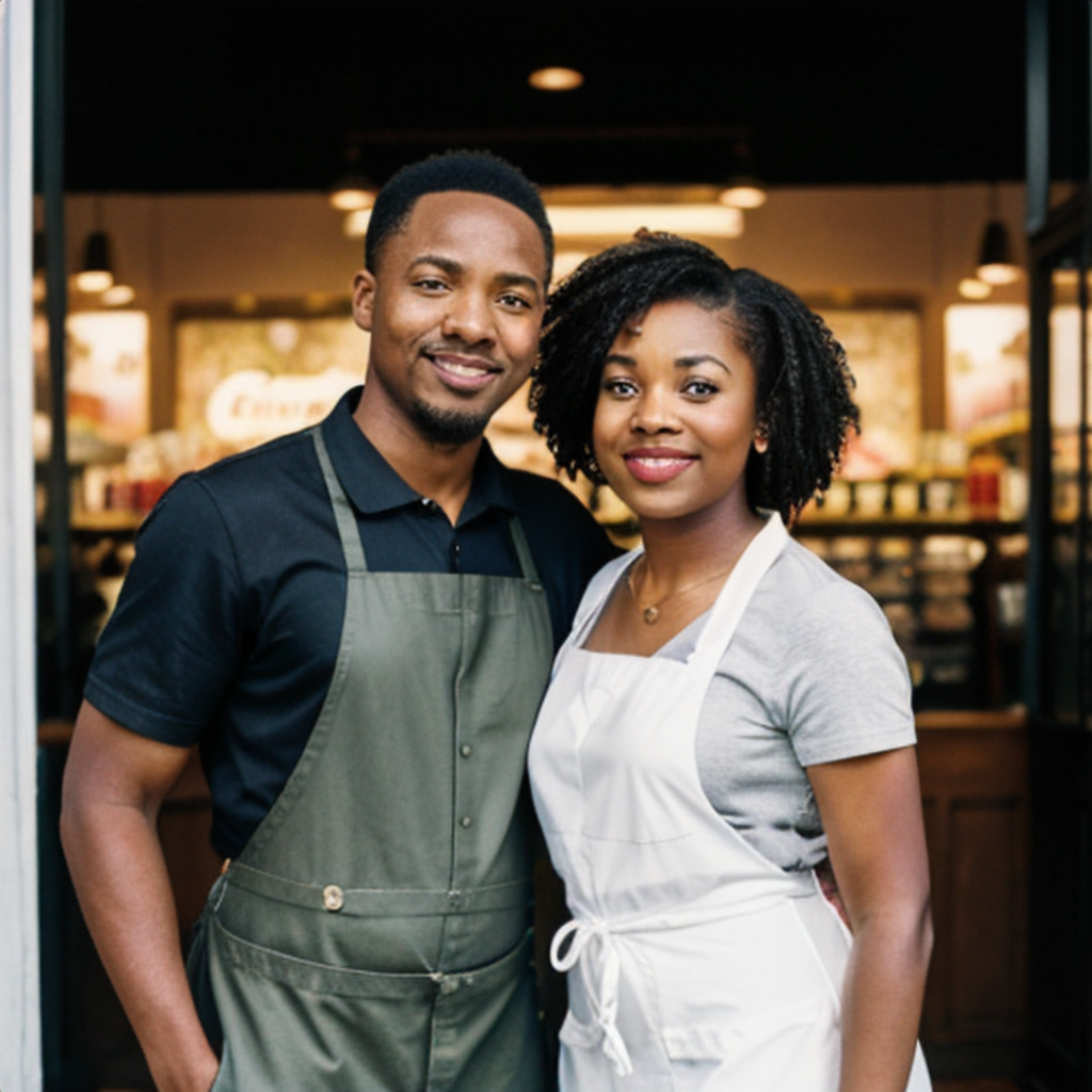 Two people wearing aprons stand smiling in front of a store entrance.