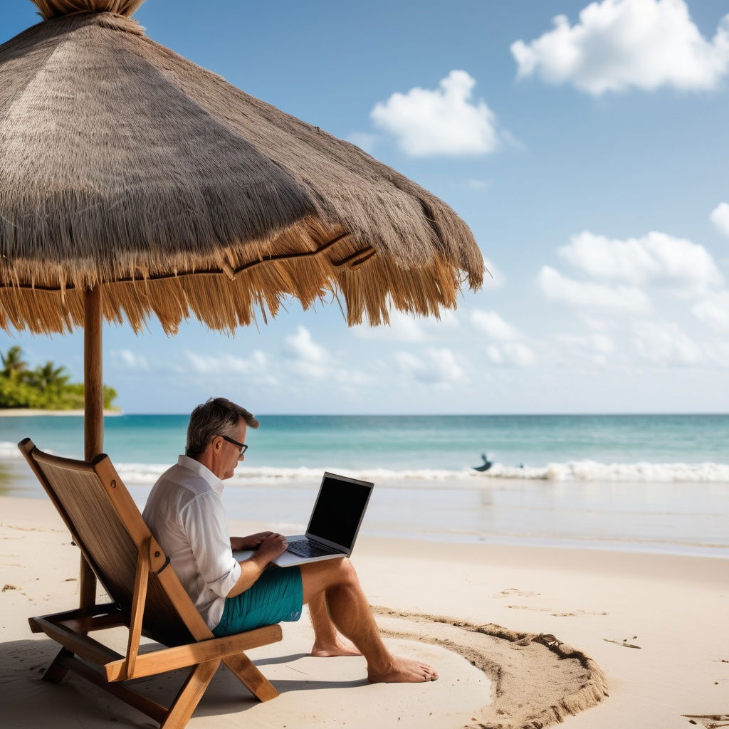  A person sitting under a thatched umbrella on a sandy beach, using a laptop. The ocean is in the background with some clouds in the sky.