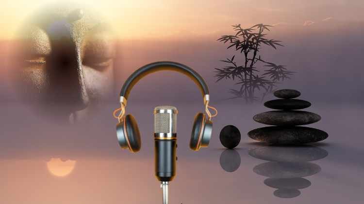 microphone and headphones with mystic lake background